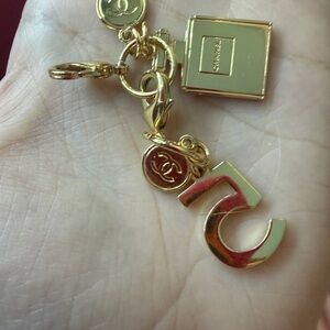 CHANEL Gold CC and '5' Charm Keyring. 2 separate keychains attached to eachother